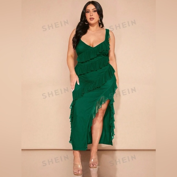 NWT & BAG SHEIN BAE Plus Size Women Ruffled Hem Slit Dress DARK GREEN - Picture 5 of 7